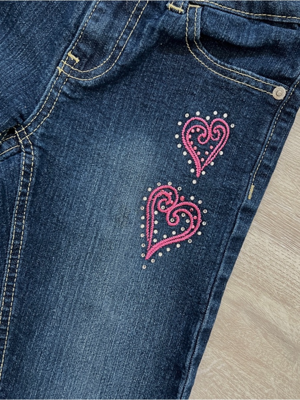 Pony Tails Jeans Girls 8 Dark Wash Heart Embroidery Straight Leg Denim Pants - Picture 3 of 8
